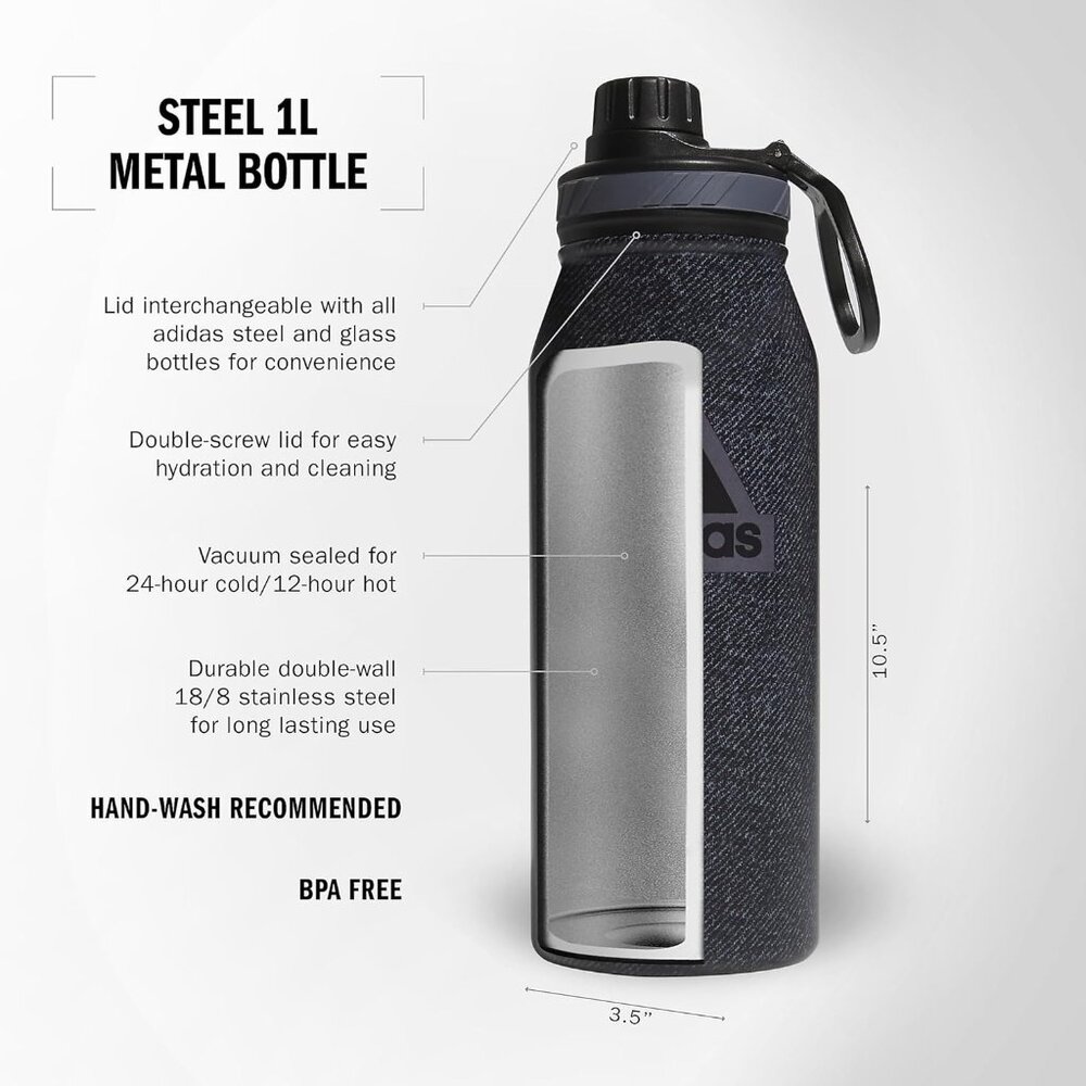 Adidas 32oz Metal Water Bottle Double Wall Insulated Stainless Steel Black - Picture 3 of 6
